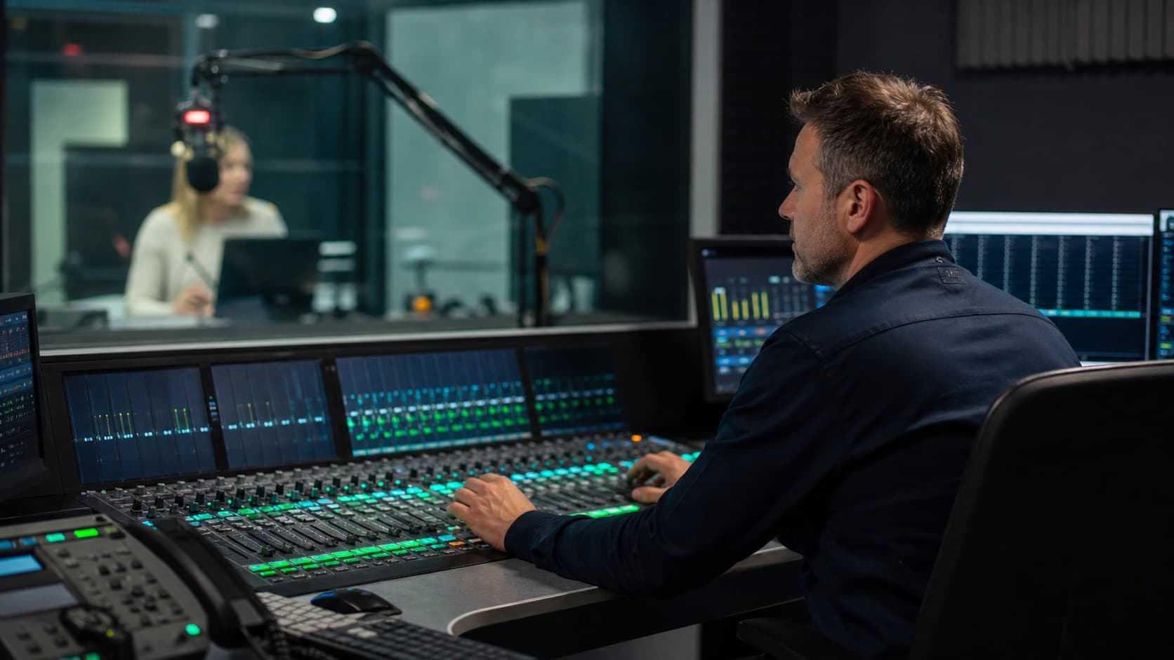 A broadcast producer working at a live radio console