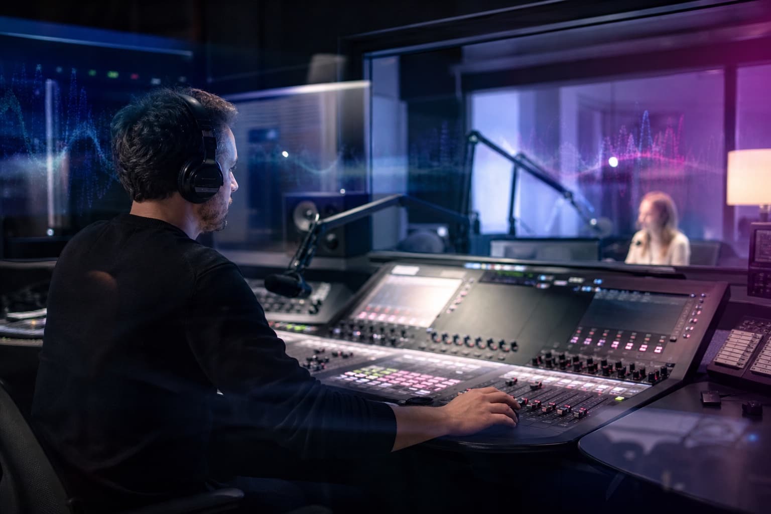 A broadcast producer screening a live caller from a modern radio control room
