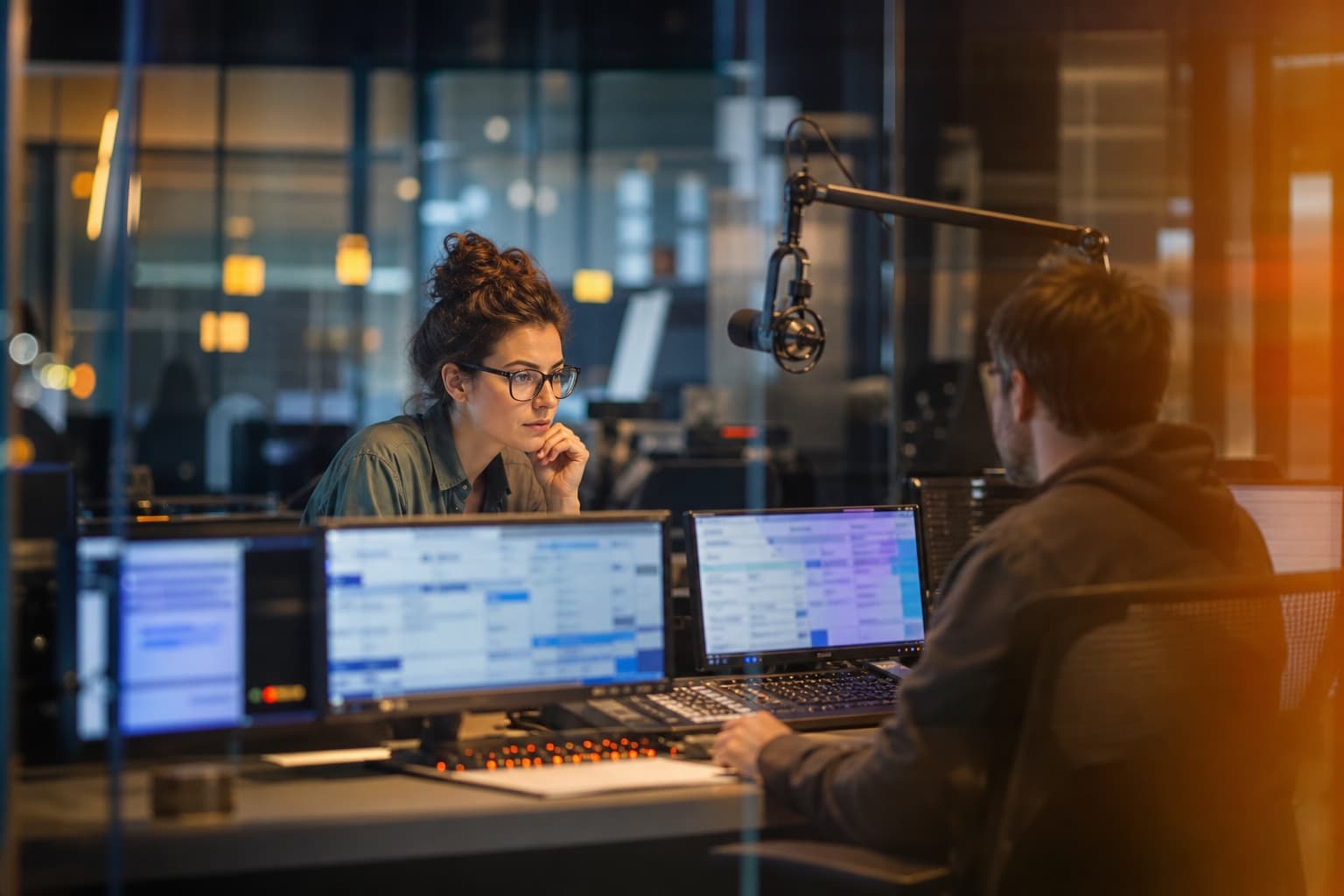 Audience producers reviewing listener messages together in a radio studio