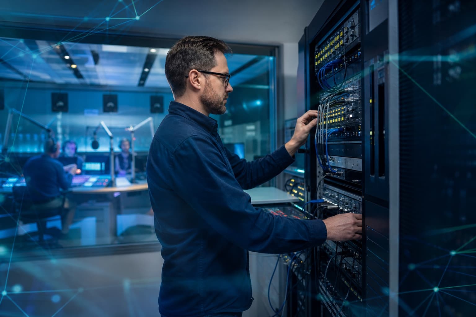 A broadcast systems engineer checking resilient audio infrastructure